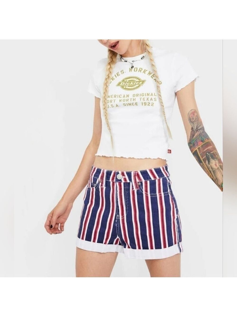 Dickies Junior High Rise Roll Cuff 5 Pocket Stripe Short Size  1/25 New With Tag